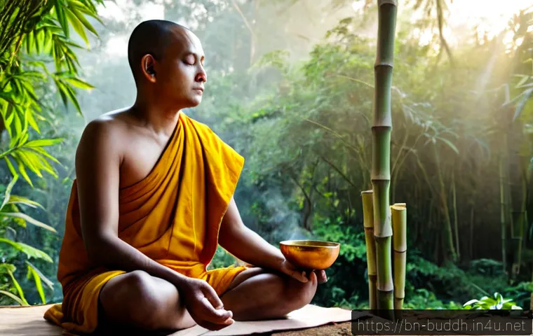 불교의 금욕주의 - Photorealistic Buddhist monk in simple saffron robes sitting cross-legged in quiet meditation beside...