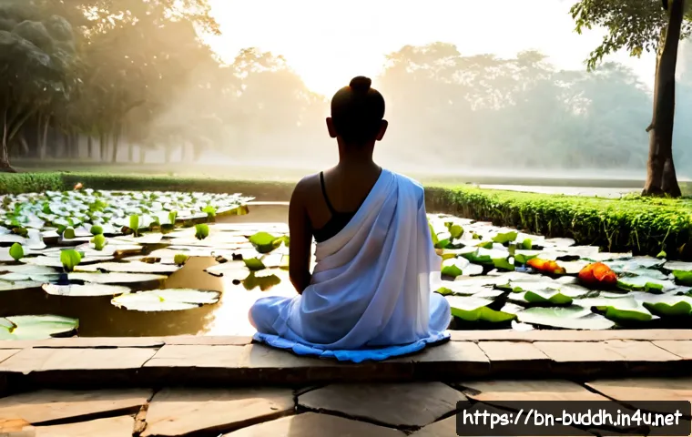 불교에서의 치유 여정 - Photorealistic sunrise scene of a Bengali adult sitting peacefully in meditation beside a quiet lotu...